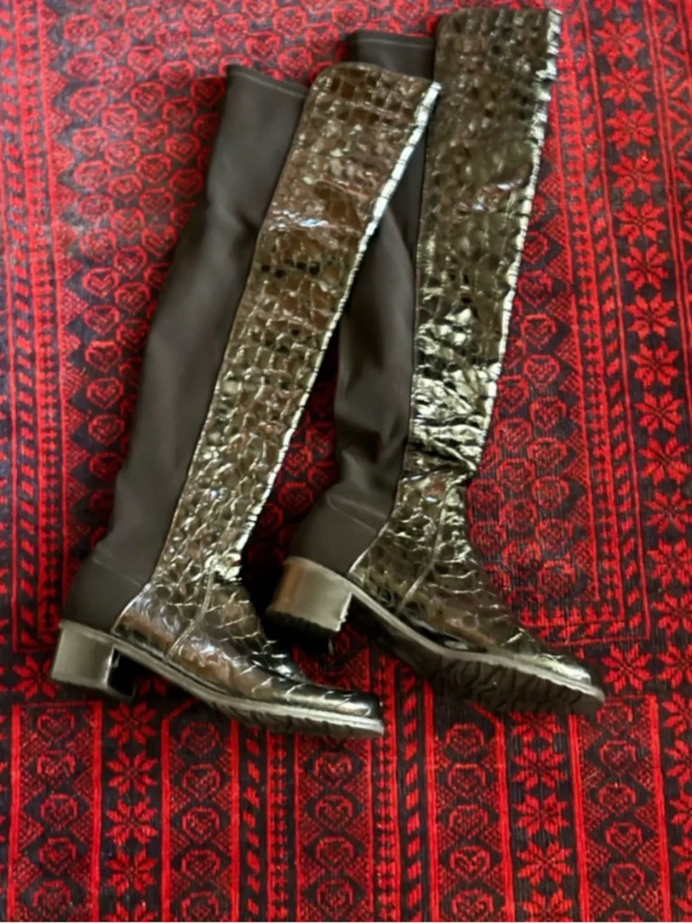 Stuart Weitzman Croc Mock Over-the-Knee Boots Black Size 6.5